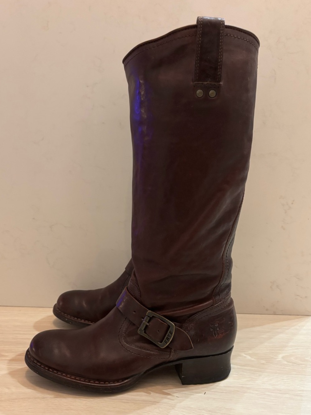 Frye Dark Brown Leather Mid-Calf Harness Boots